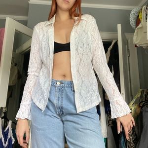 Y2K white lace bell sleeved button collared top